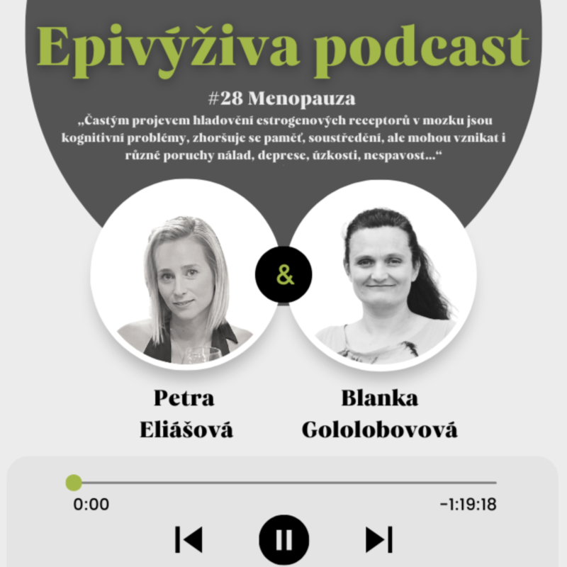 Obrázek epizody #28 MENOPAUZA „Častým projevem hladovění estrogenových receptorů v mozku jsou kognitivní problémy, zhoršuje se paměť, soustředění, ale mohou vznikat i různé poruchy nálad, deprese, úzkosti, nespavost“